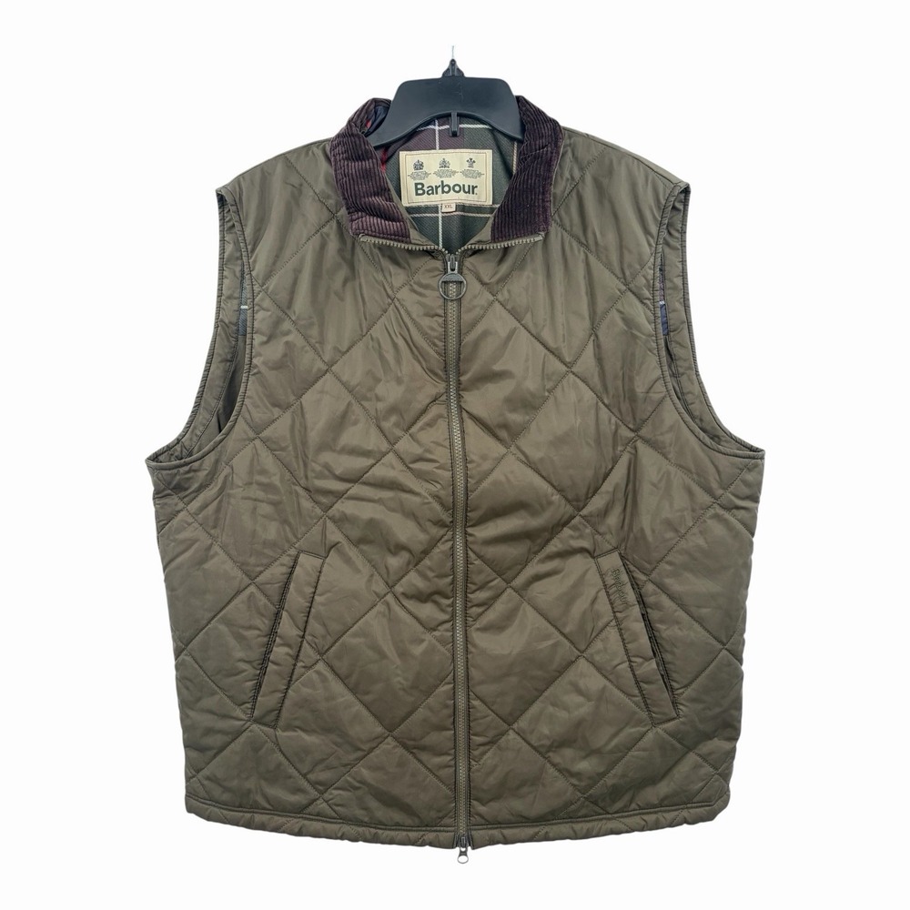 Barbour Finn Gilet Vest Mens 2XL Olive Green Quilted Corduroy Collar Full Zip
